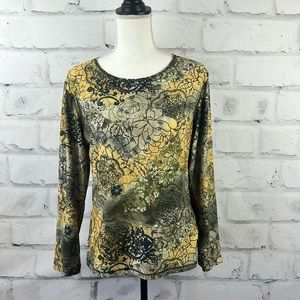 Ojai Long Sleeve Floral Abstract Top Green/Black/Yellow